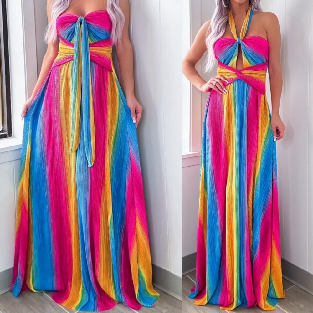 . Pretty Pop Super Colorful Rainbow Ribbed Flowy Halter Maxi Dress